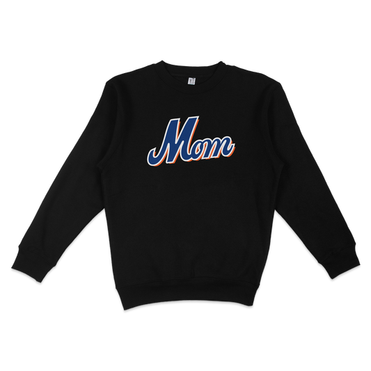 Black crewneck sweatshirt with "Mom" in bold, colorful script lettering, perfect for Queens baseball moms.