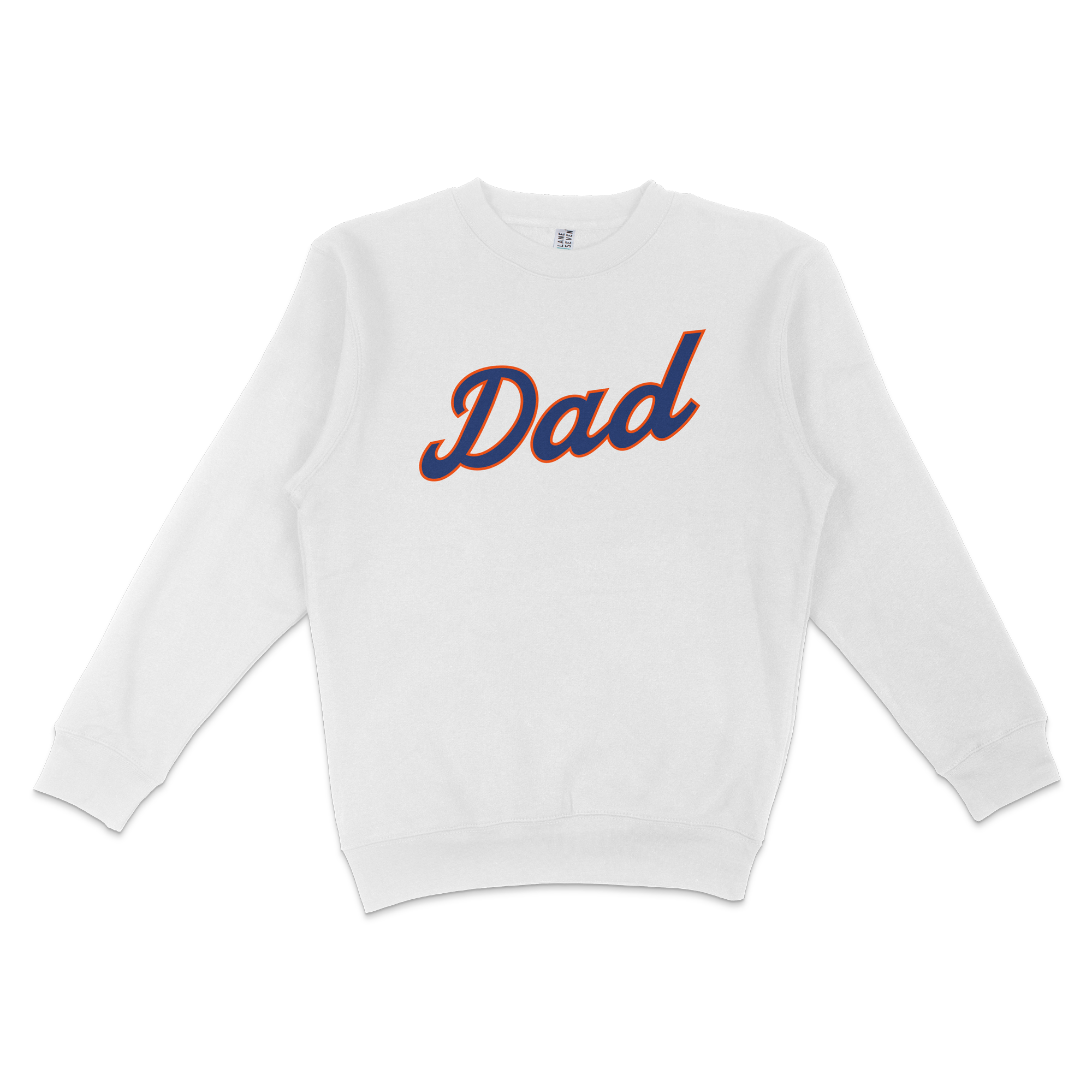 White crewneck sweatshirt with "Dad" in bold, navy and orange lettering across the front, designed for Queens baseball dads.