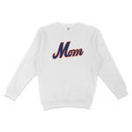 White sweatshirt with "Mom" written in bold, blue and orange script across the front, celebrating Queens Baseball Mom.