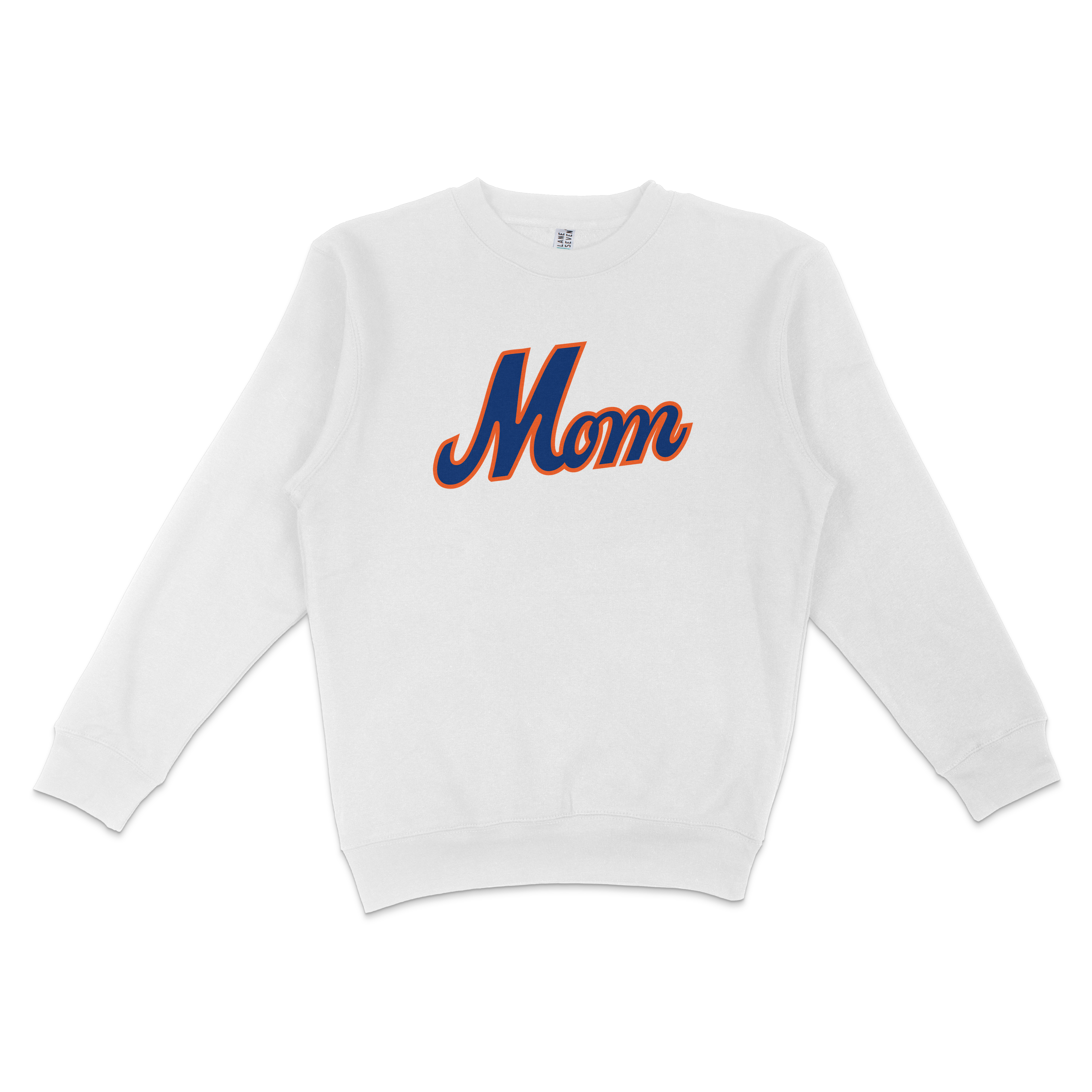 White sweatshirt with "Mom" written in bold, blue and orange script across the front, celebrating Queens Baseball Mom.