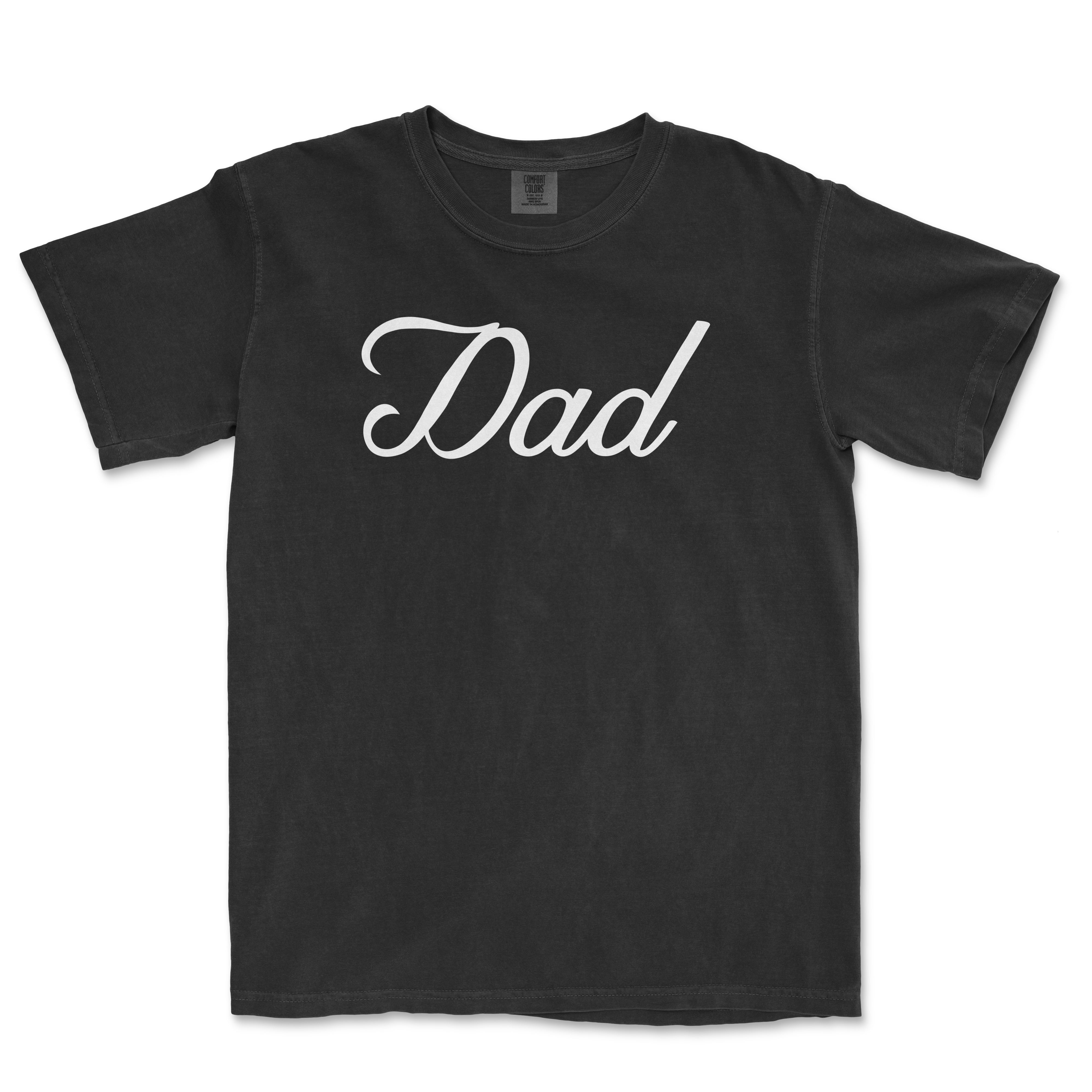 Black Comfort Colors T-shirt with "Dad" written in white cursive font, designed for Bronx baseball dads.