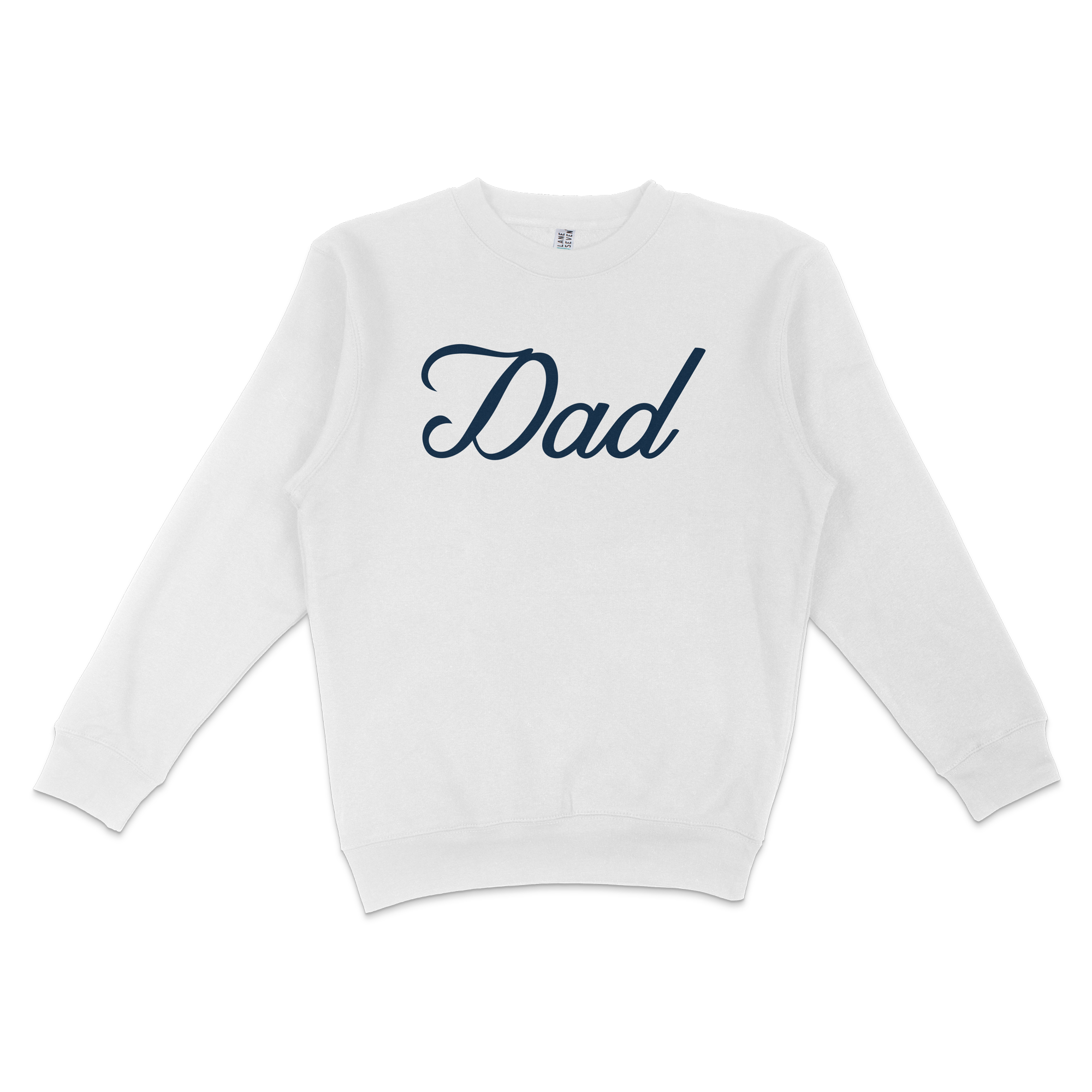 White crewneck sweatshirt with "Dad" written in navy cursive text across the front, designed for Bronx baseball dads.