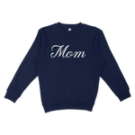Navy crewneck sweatshirt with "Mom" written in white cursive text, designed for Bronx baseball moms.