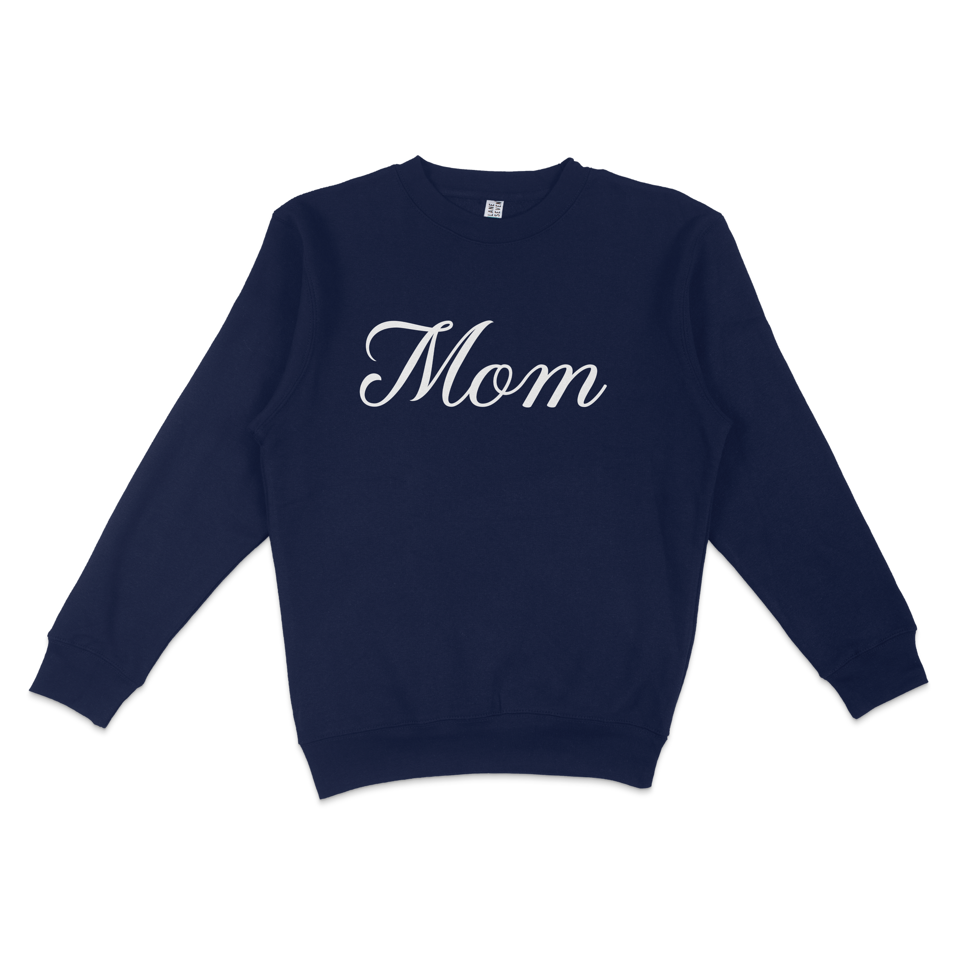 Navy crewneck sweatshirt with "Mom" written in white cursive text, designed for Bronx baseball moms.