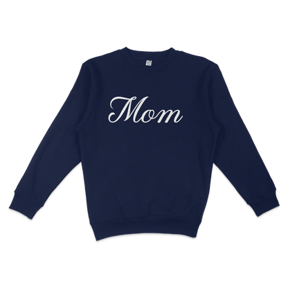 Navy crewneck sweatshirt with "Mom" written in white cursive text, designed for Bronx baseball moms.