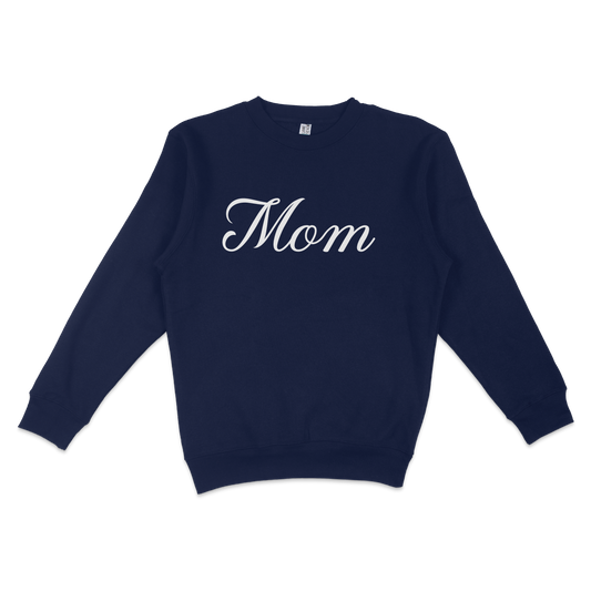 Navy crewneck sweatshirt with "Mom" written in white cursive text, designed for Bronx baseball moms.