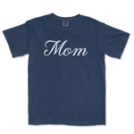 Comfort Colors blue T-shirt with white "Mom" text in elegant script, celebrating a Bronx baseball mom.