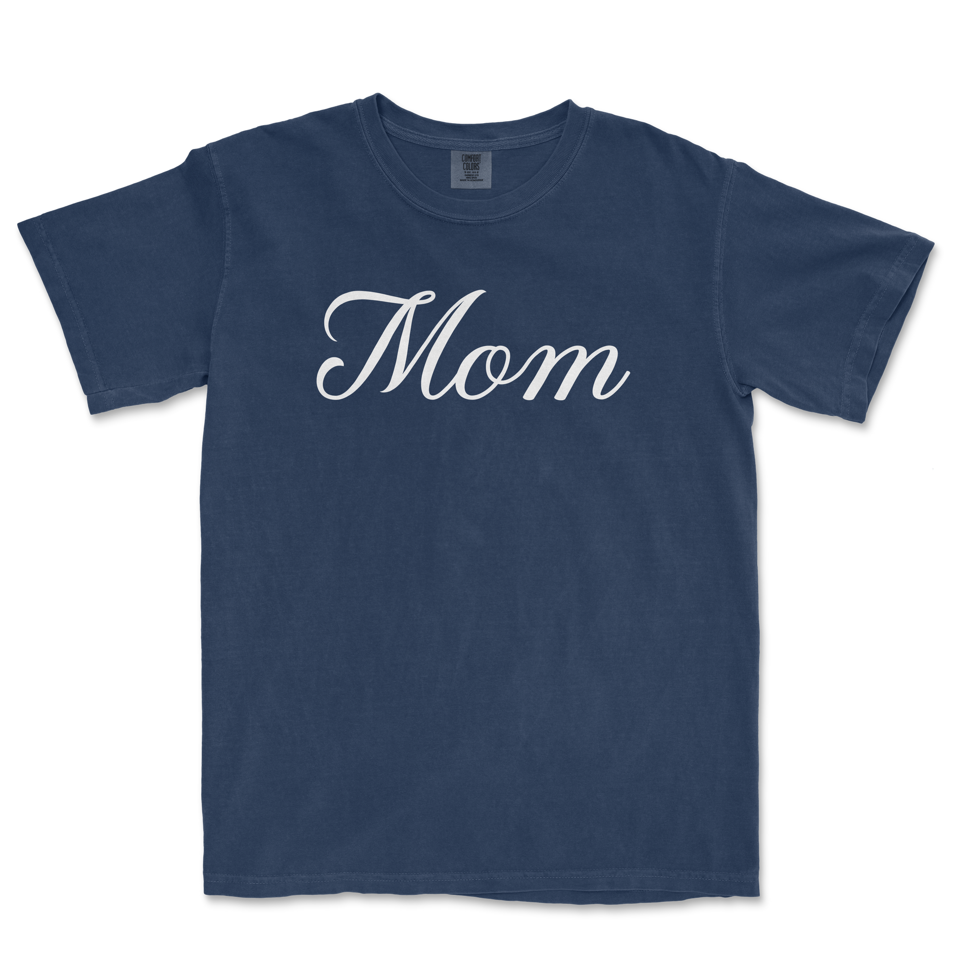 Comfort Colors blue T-shirt with white "Mom" text in elegant script, celebrating a Bronx baseball mom.