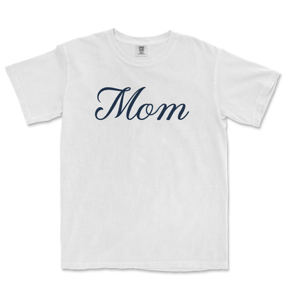 White Comfort Colors T-shirt with "Mom" written in elegant navy script across the front.