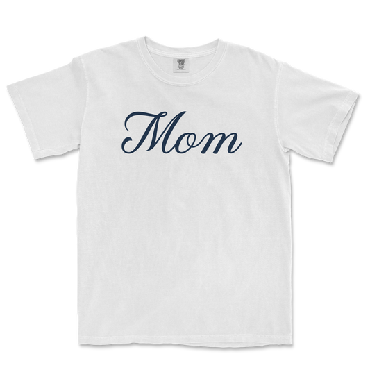 White Comfort Colors T-shirt with "Mom" written in elegant navy script across the front.