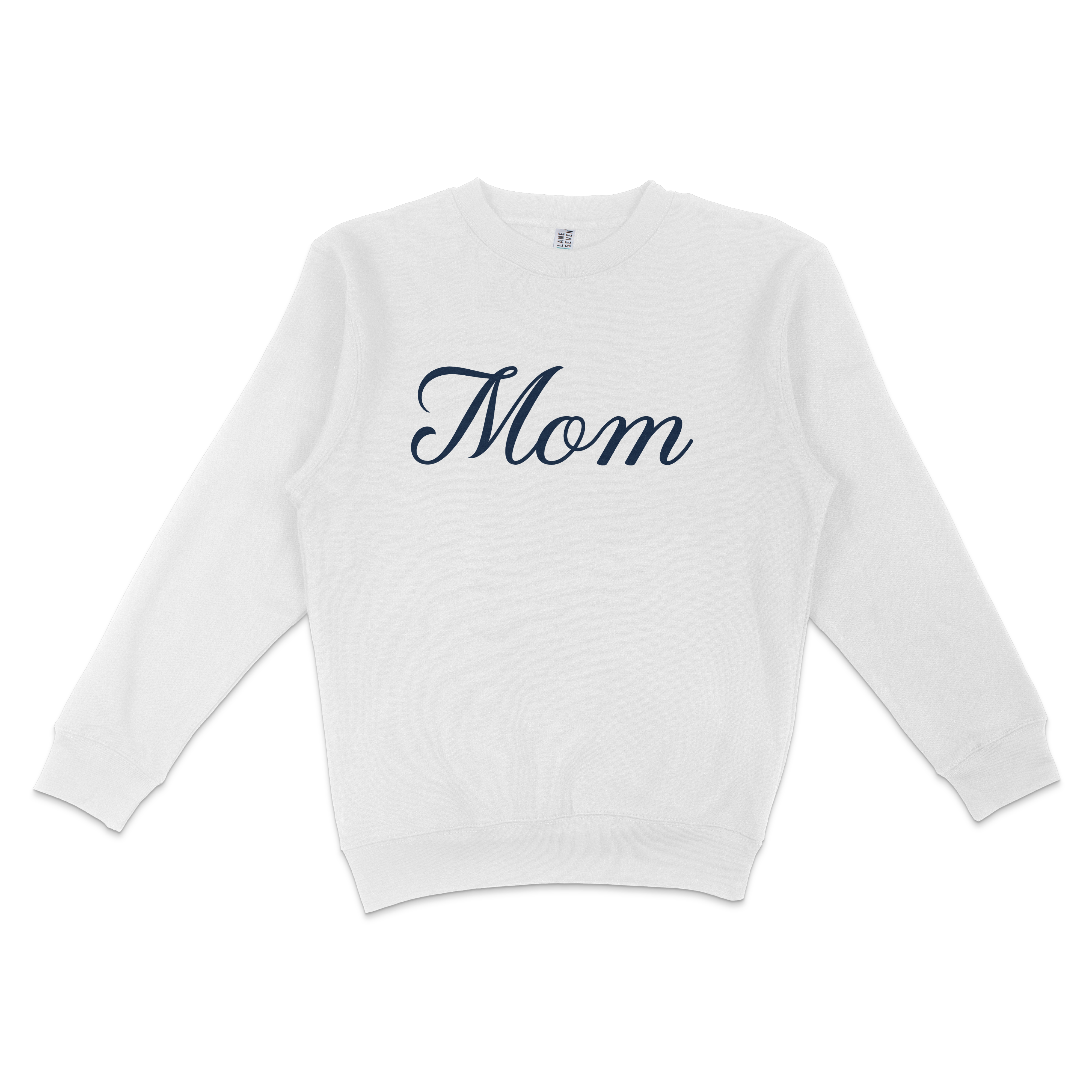 White crewneck sweatshirt with "Mom" written in elegant navy script across the front, designed for Bronx baseball moms.
