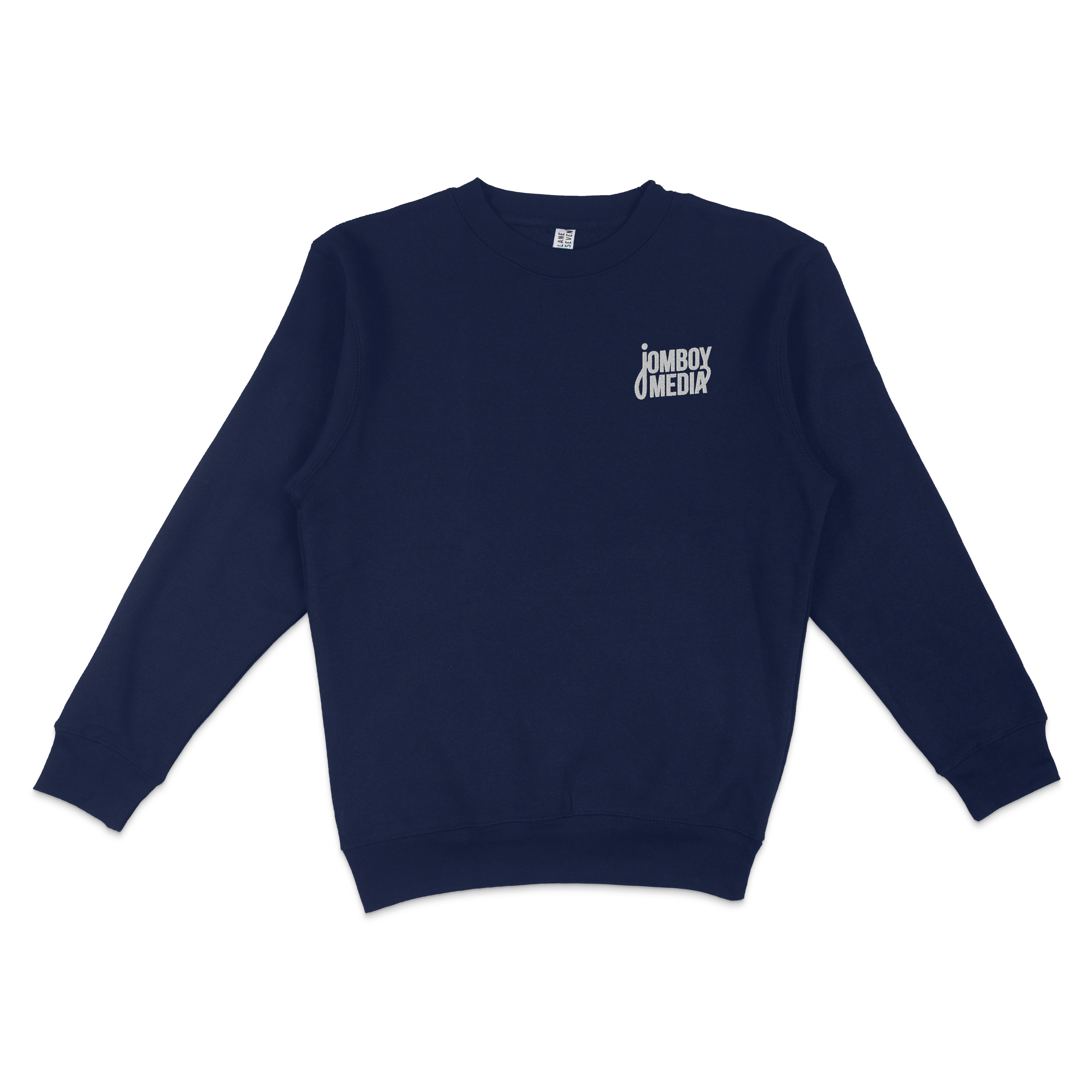 Navy JM Embroidered Crewneck featuring the Jomboy Media logo on the front, perfect for sports fans and casual wear.