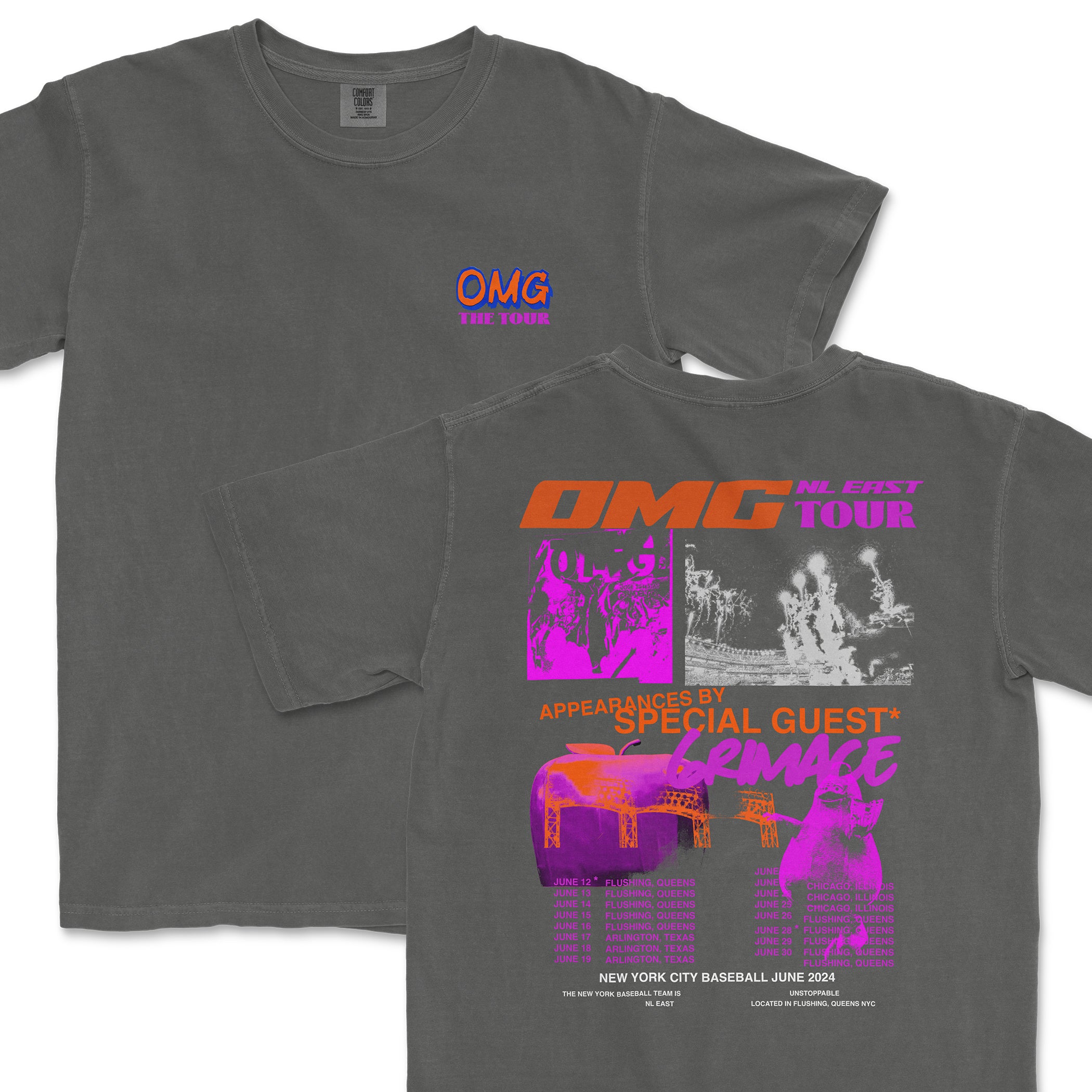 Gray Comfort Colors T-shirt featuring vibrant, retro-style graphics and text promoting the NYM World Tour and special guest appearances.