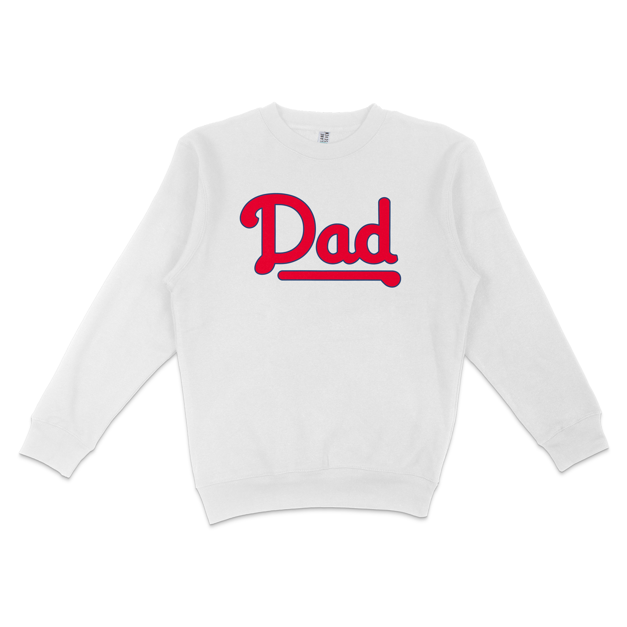 White crewneck sweatshirt with "Dad" in bold red and blue lettering, perfect for Philly baseball dads.