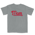 Gray T-shirt with "Mom" written in bold red and blue lettering, celebrating a Philadelphia baseball mom.