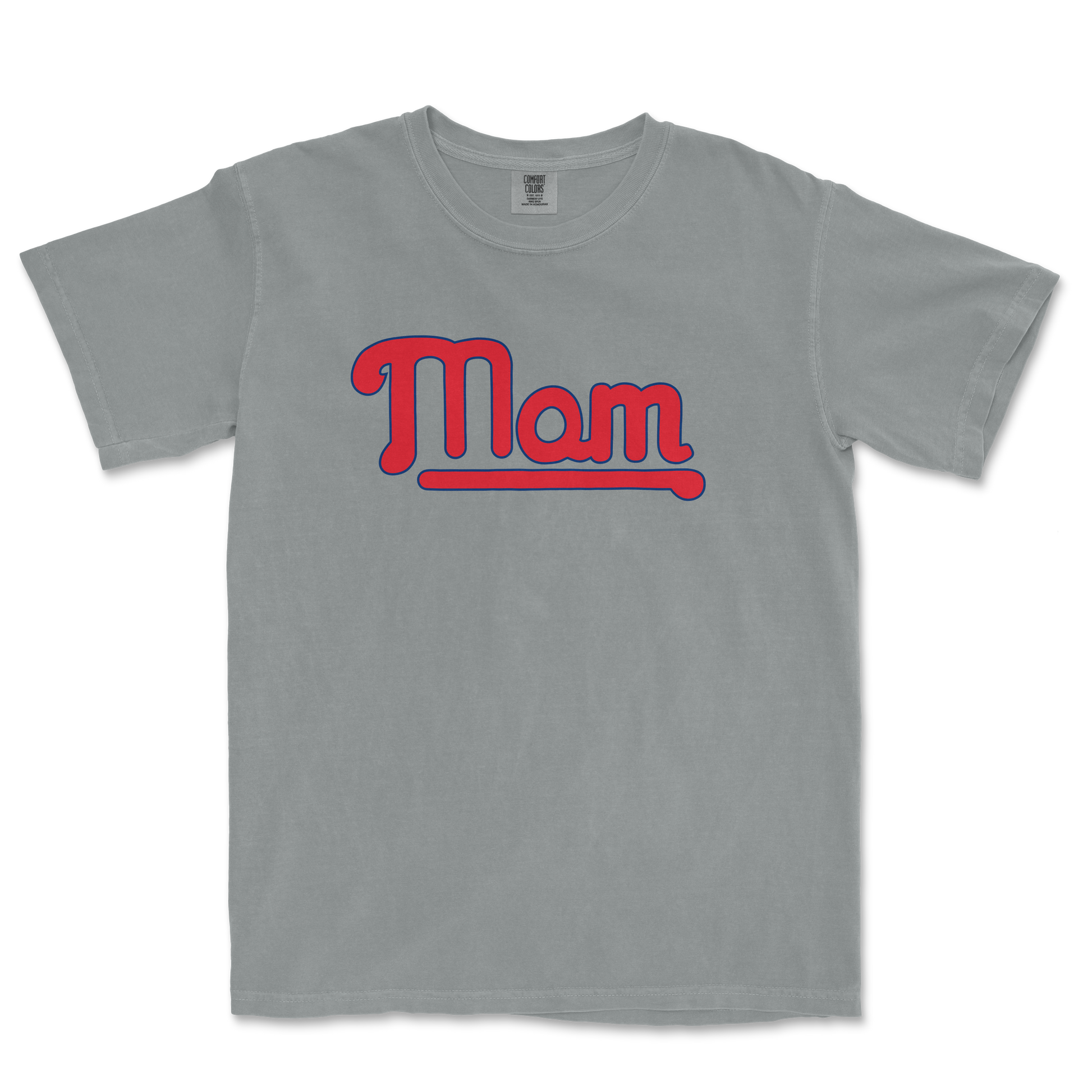 Gray T-shirt with "Mom" written in bold red and blue lettering, celebrating a Philadelphia baseball mom.
