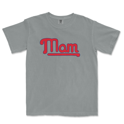 Gray T-shirt with "Mom" written in bold red and blue lettering, celebrating a Philadelphia baseball mom.