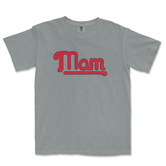 Gray T-shirt with "Mom" written in bold red and blue lettering, celebrating a Philadelphia baseball mom.