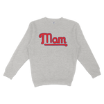 Gray crewneck sweatshirt with "Mom" in bold red and blue lettering, celebrating Philadelphia baseball moms.