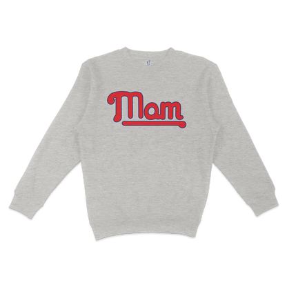 Gray crewneck sweatshirt with "Mom" in bold red and blue lettering, celebrating Philadelphia baseball moms.