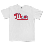 White T-shirt with "Mom" written in red and blue, designed for Philadelphia baseball moms.