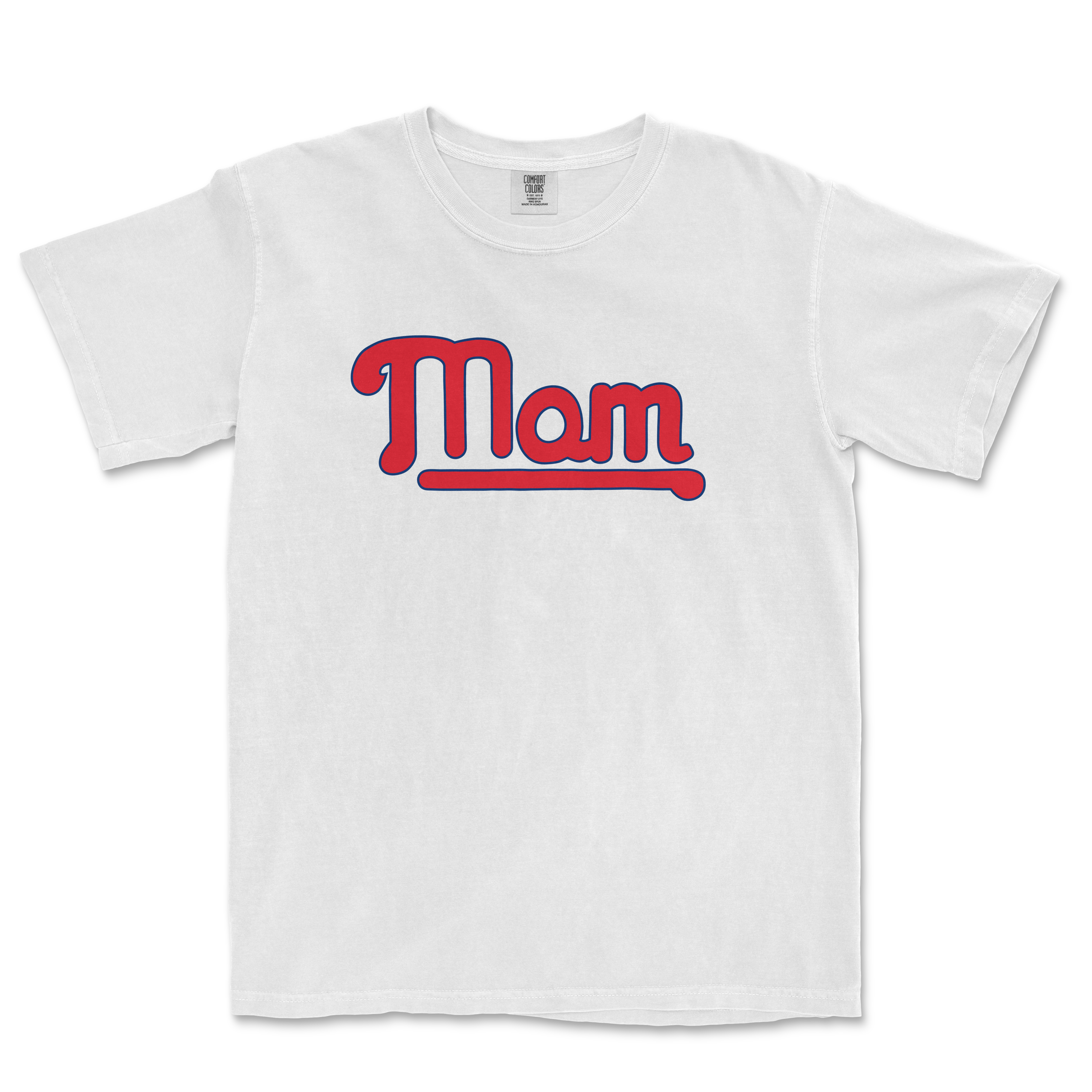 White T-shirt with "Mom" written in red and blue, designed for Philadelphia baseball moms.