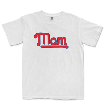 White T-shirt with "Mom" written in red and blue, designed for Philadelphia baseball moms.