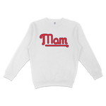 White crewneck sweatshirt with "Mom" in red and blue lettering, celebrating Philadelphia baseball moms.