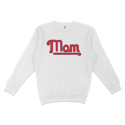 White crewneck sweatshirt with "Mom" in red and blue lettering, celebrating Philadelphia baseball moms.