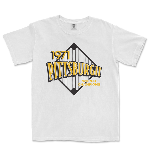 White T-shirt featuring a vintage Pittsburgh 1971 World Champions graphic with a stylized bridge design in black, yellow, and gray.