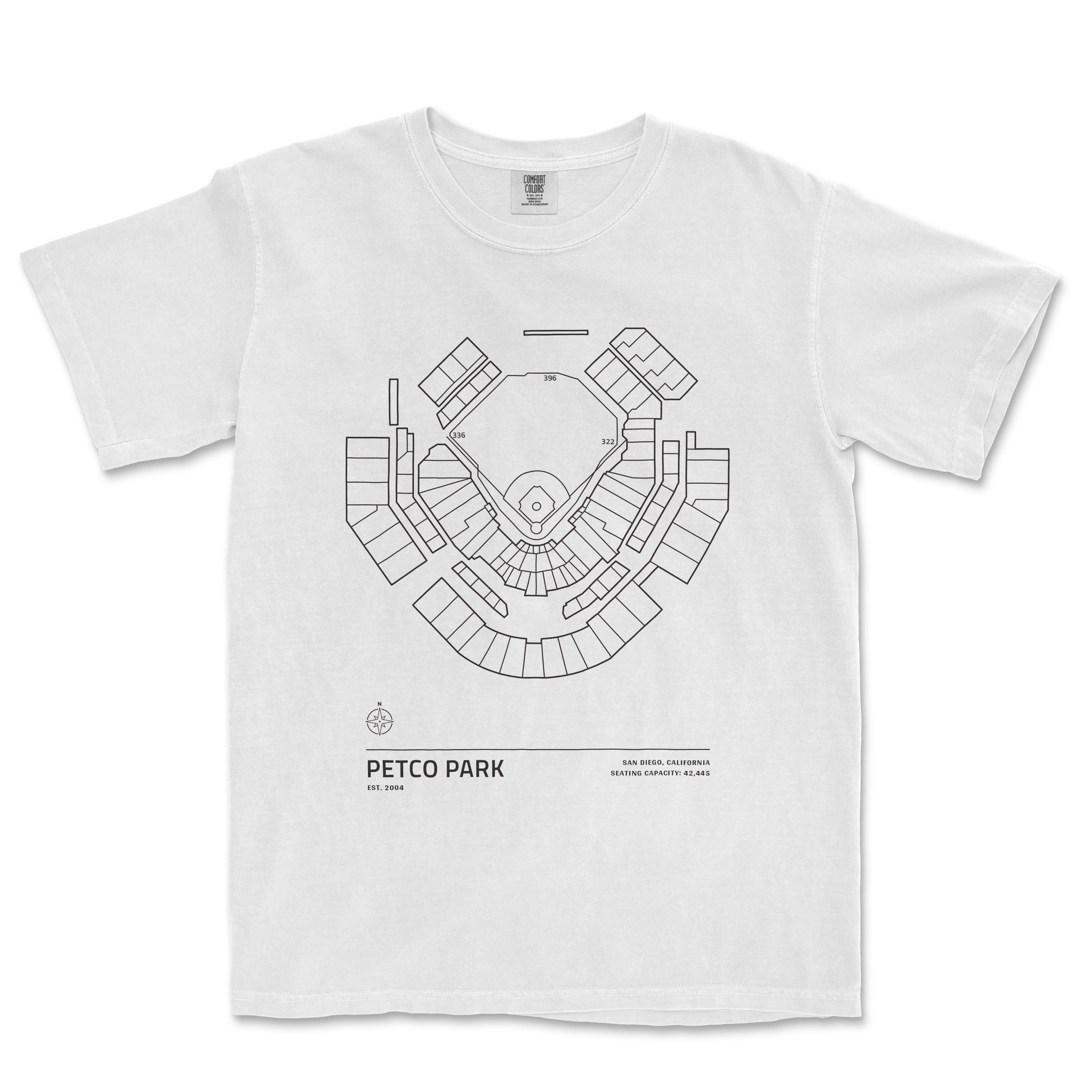 White T-shirt featuring a black line drawing of Petco Park's stadium seating layout, with location details and a compass.