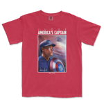Red Comfort Colors T-shirt featuring an image of Aaron Judge in a baseball helmet, with "America's Captain" and Judge's signature.