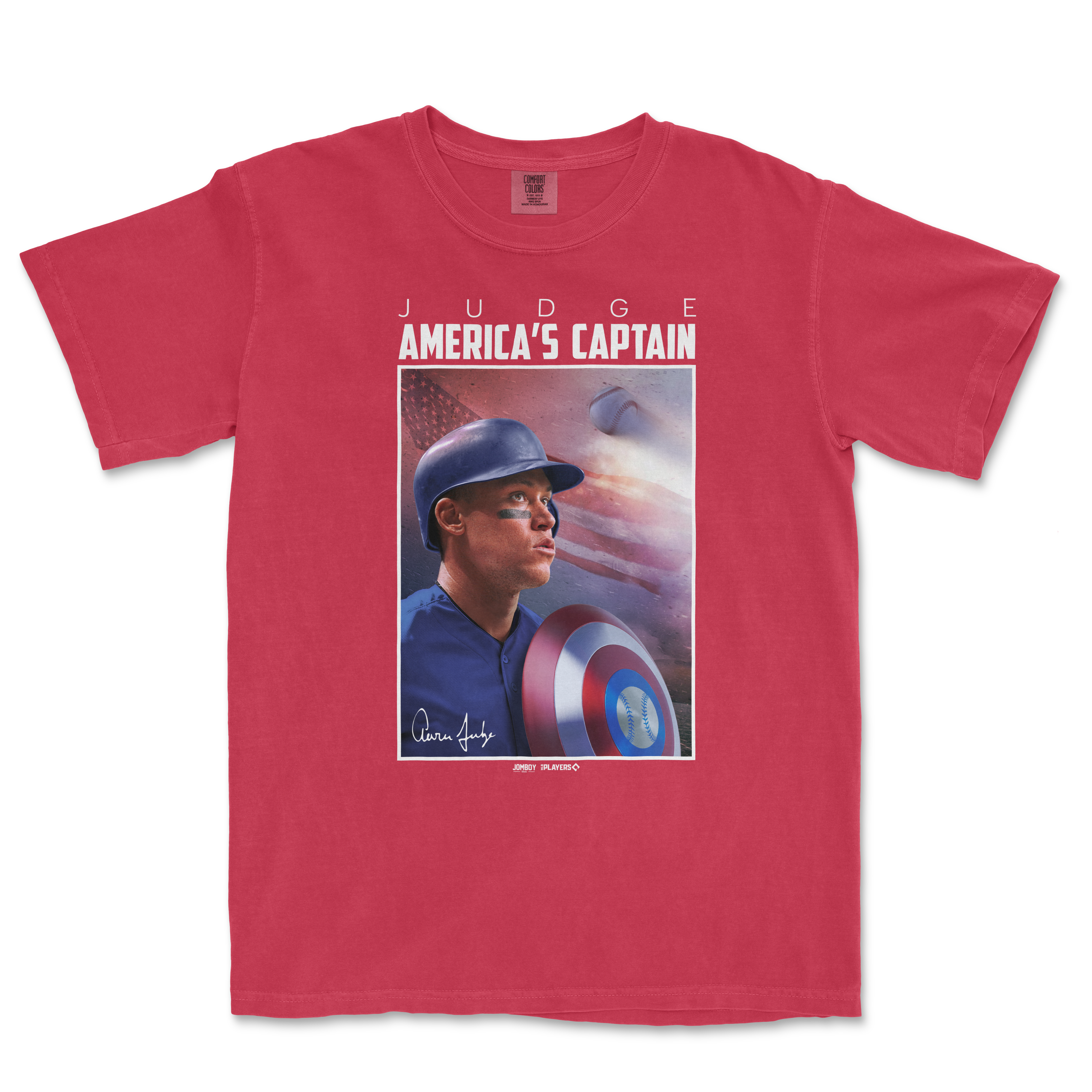 Red Comfort Colors T-shirt featuring an image of Aaron Judge in a baseball helmet, with "America's Captain" and Judge's signature.