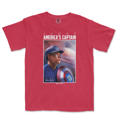 Red Comfort Colors T-shirt featuring an image of Aaron Judge in a baseball helmet, with "America's Captain" and Judge's signature.