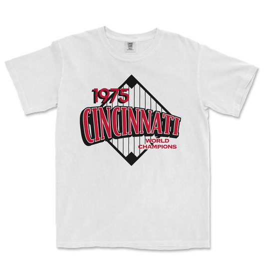 White Comfort Colors tee featuring a Cincinnati 1975 World Champions graphic with a bridge illustration.