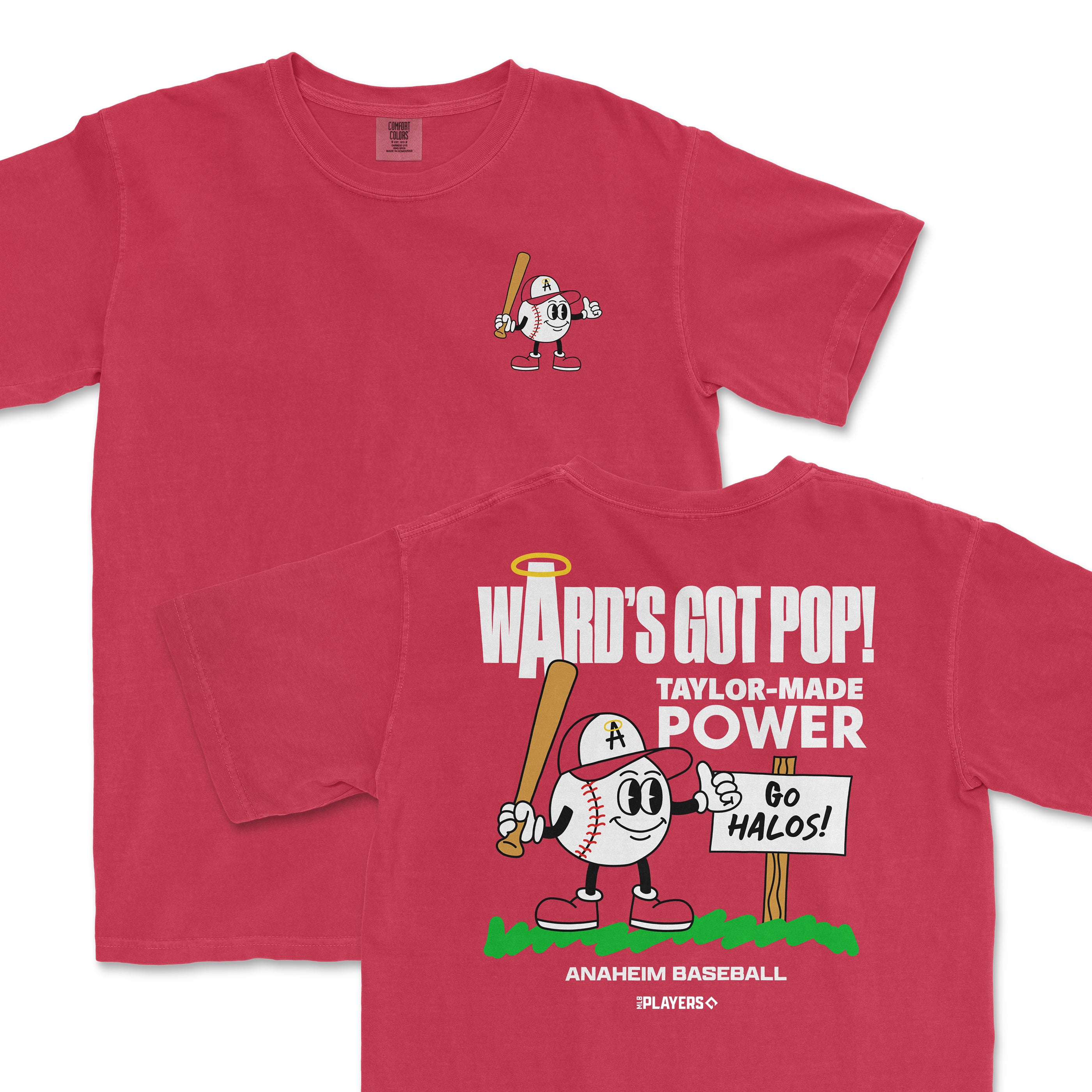 Red t-shirt featuring a cartoon baseball character with a bat, promoting Taylor Ward and Anaheim Baseball.
