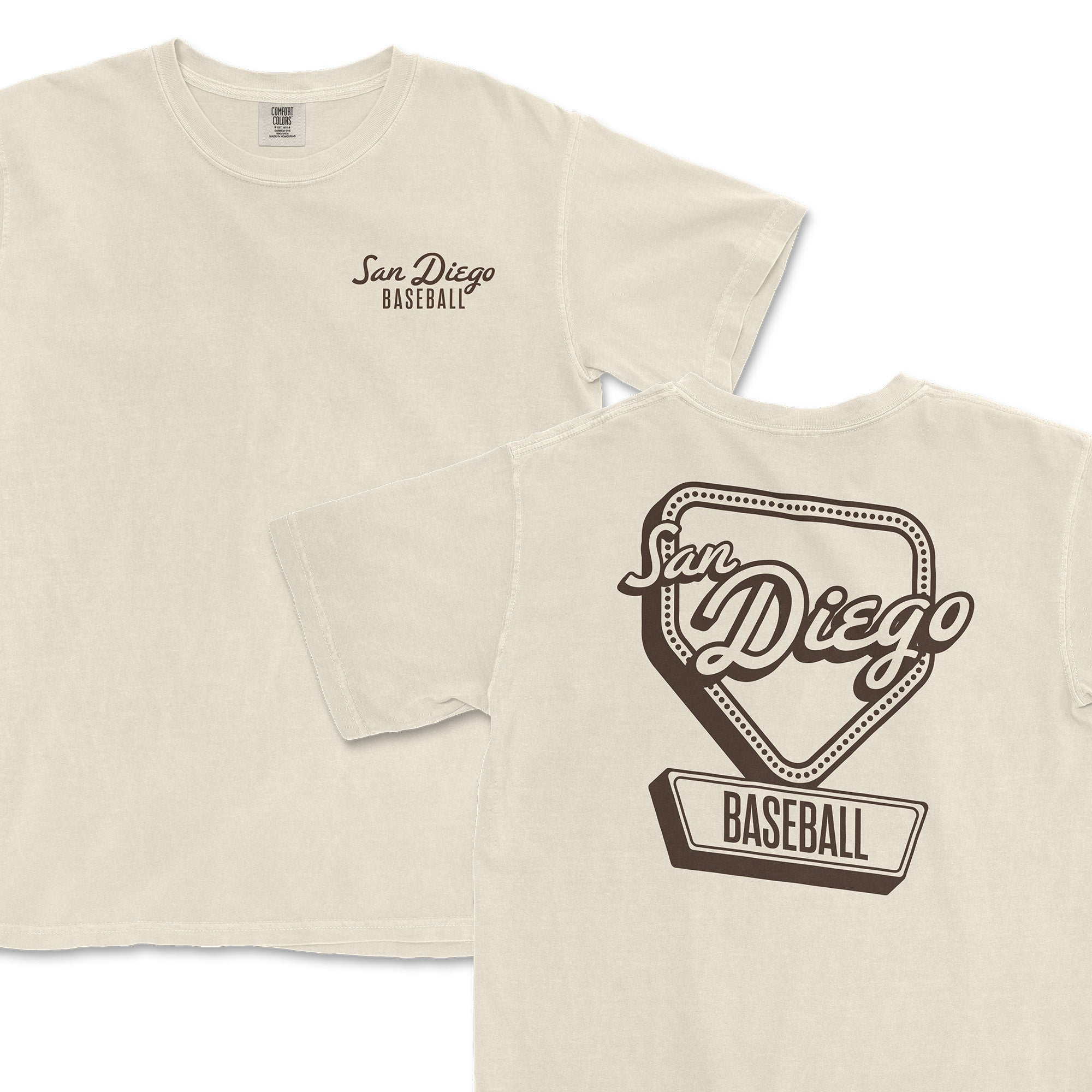 Cream-colored t-shirt featuring "San Diego Baseball" logo on the front and a vintage-style design on the back.