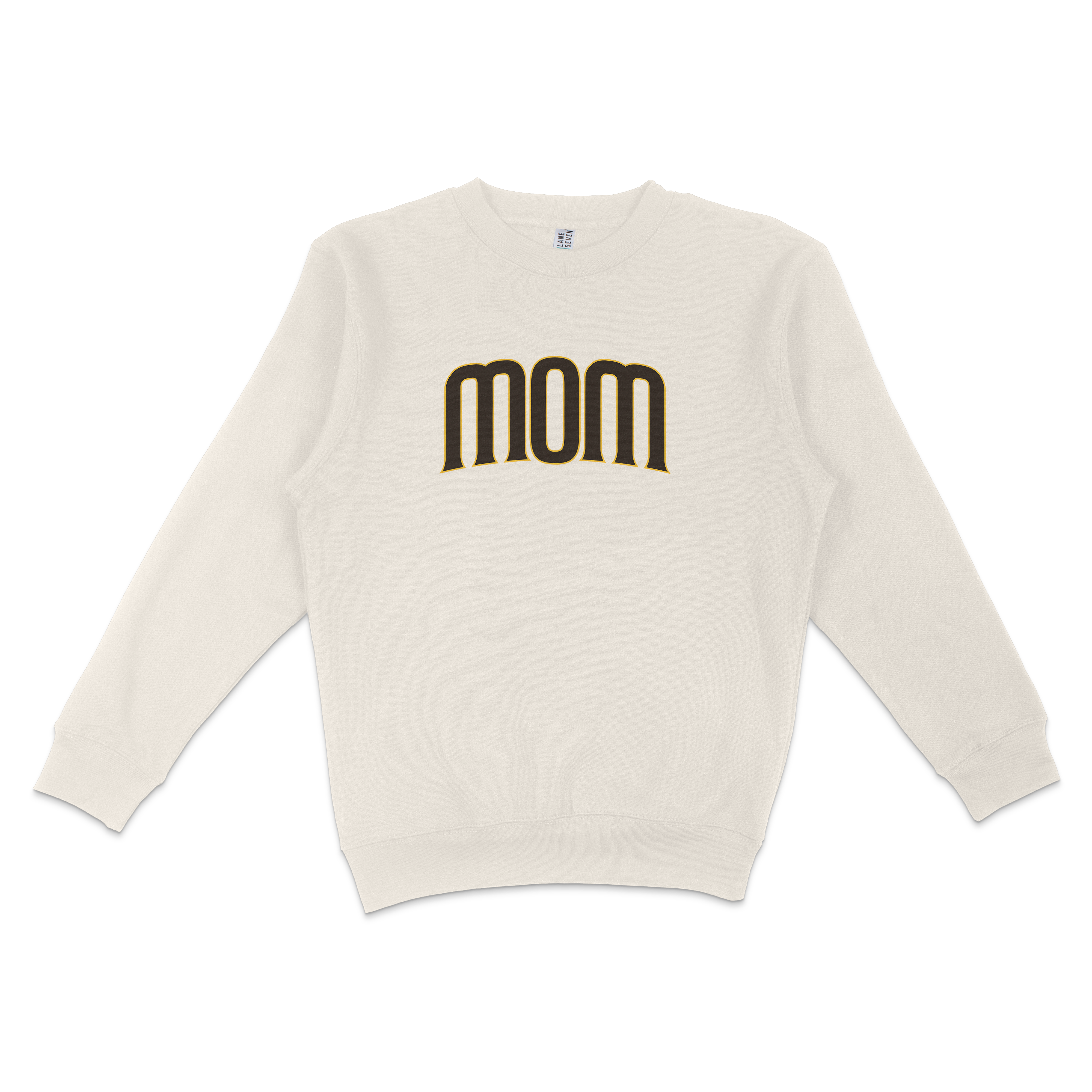 White crewneck sweatshirt with "mom" printed in bold black and gold lettering on the front, designed for San Diego baseball moms.