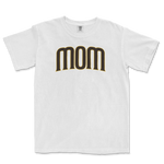 White T-shirt with "Mom" printed in bold black and gold letters across the front, celebrating a San Diego baseball mom.