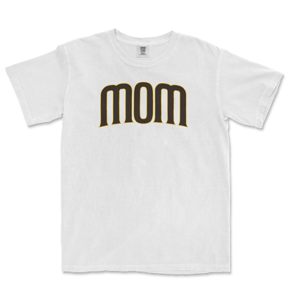 White T-shirt with "Mom" printed in bold black and gold letters across the front, celebrating a San Diego baseball mom.