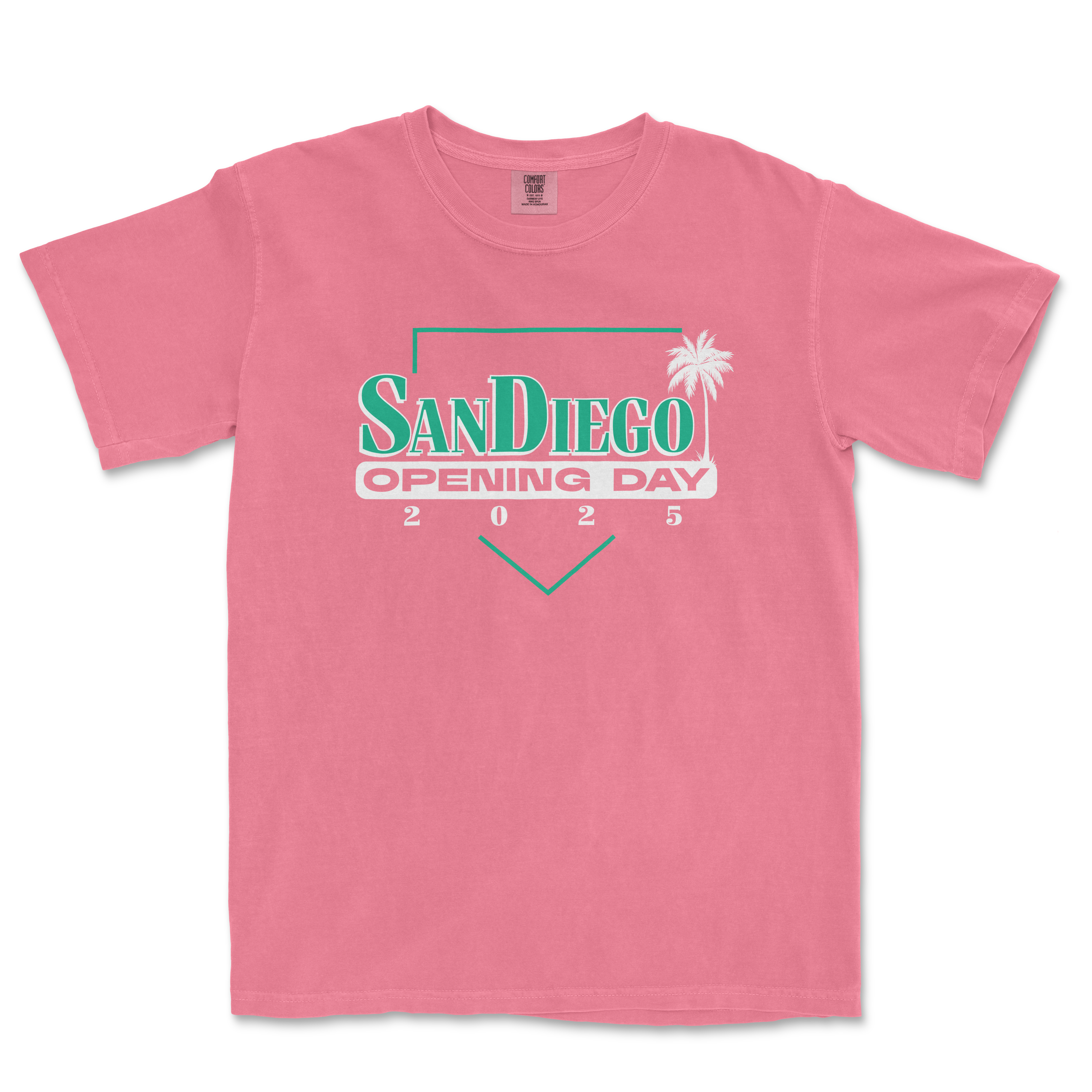Pink T-shirt with "San Diego Opening Day 2025" text, a palm tree graphic, and a geometric design for the 2025 event.
