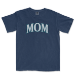 Blue T-shirt with "MOM" printed in large, stylized gray letters outlined in teal, perfect for a Seattle baseball mom.