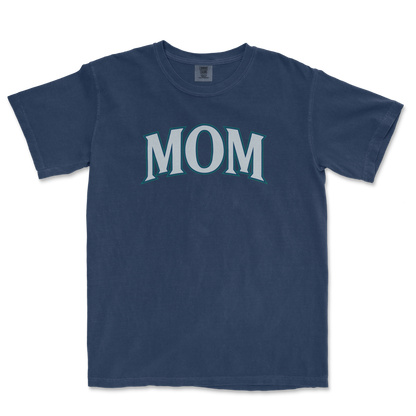 Blue T-shirt with "MOM" printed in large, stylized gray letters outlined in teal, perfect for a Seattle baseball mom.