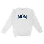 White sweatshirt with "MOM" in bold blue letters on the front, designed for a Seattle baseball mom.