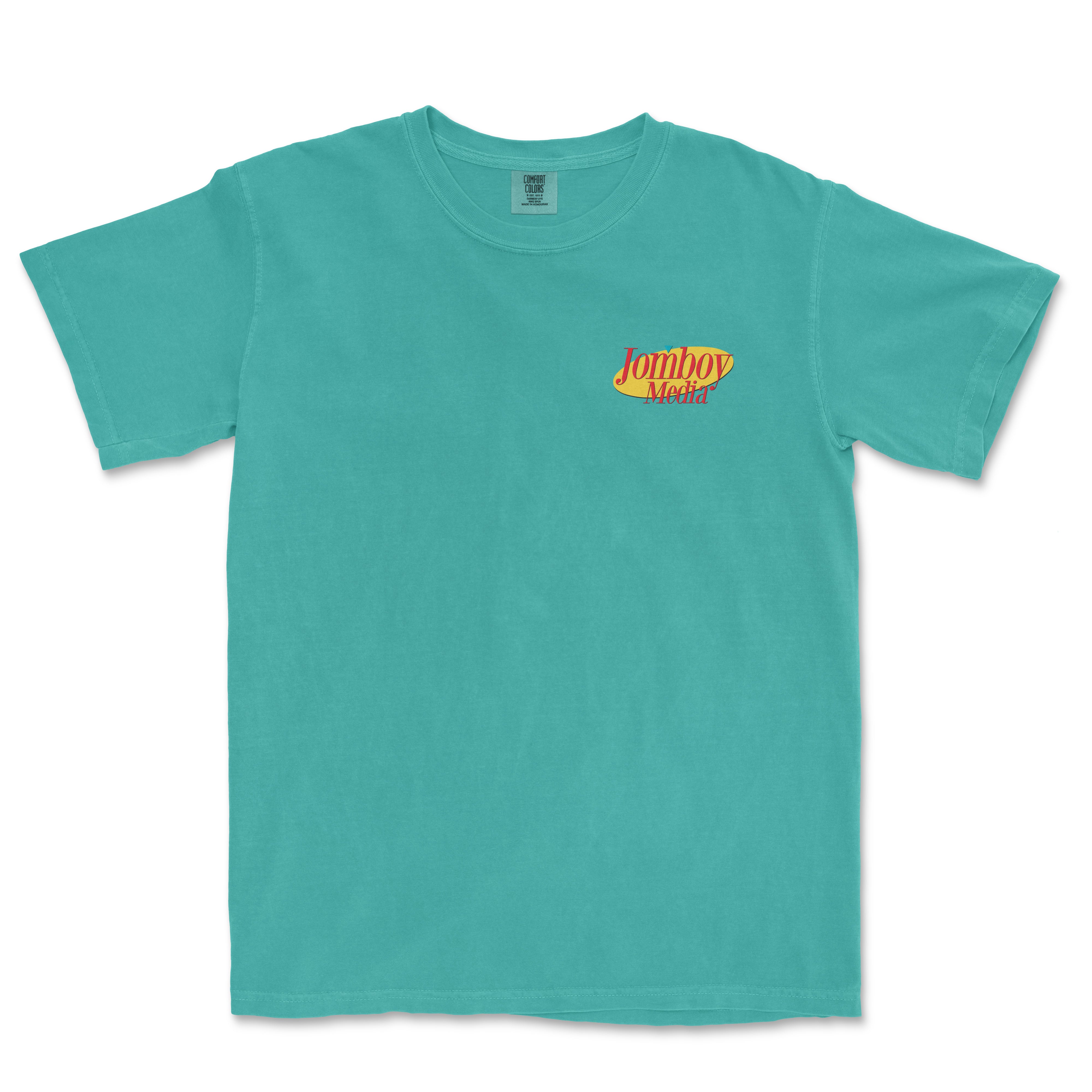 Turquoise T-shirt with "Jomboy Media" logo in red and yellow on the front left chest area.