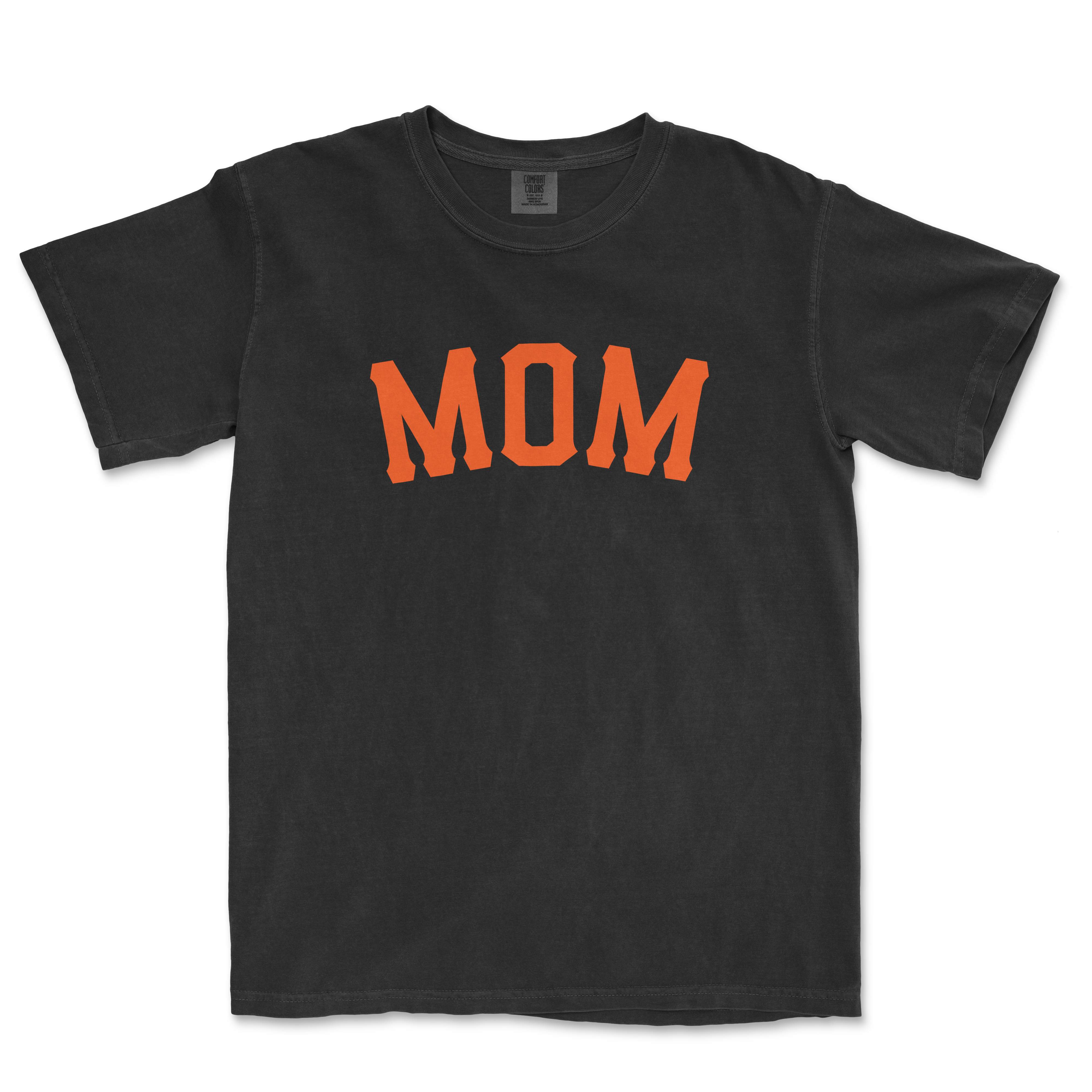 Black T-shirt with "MOM" in bold orange letters across the front, designed for a San Francisco baseball mom.