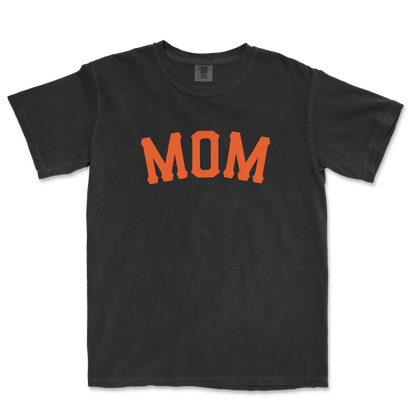 Black T-shirt with "MOM" in bold orange letters across the front, designed for a San Francisco baseball mom.