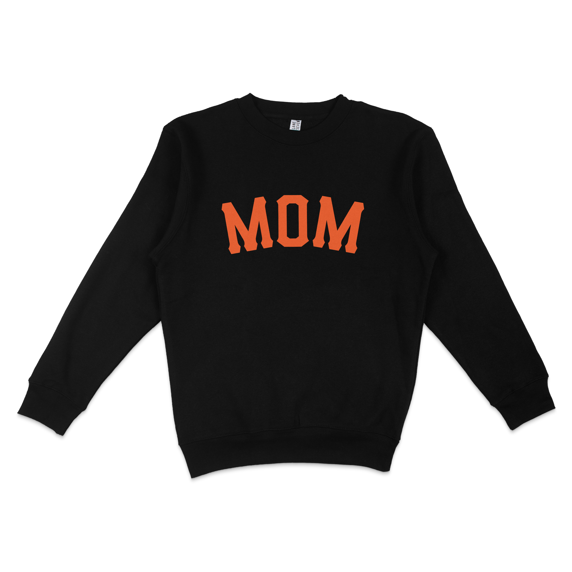 Black crewneck sweatshirt with "MOM" in bold orange letters across the front, celebrating San Francisco baseball moms.