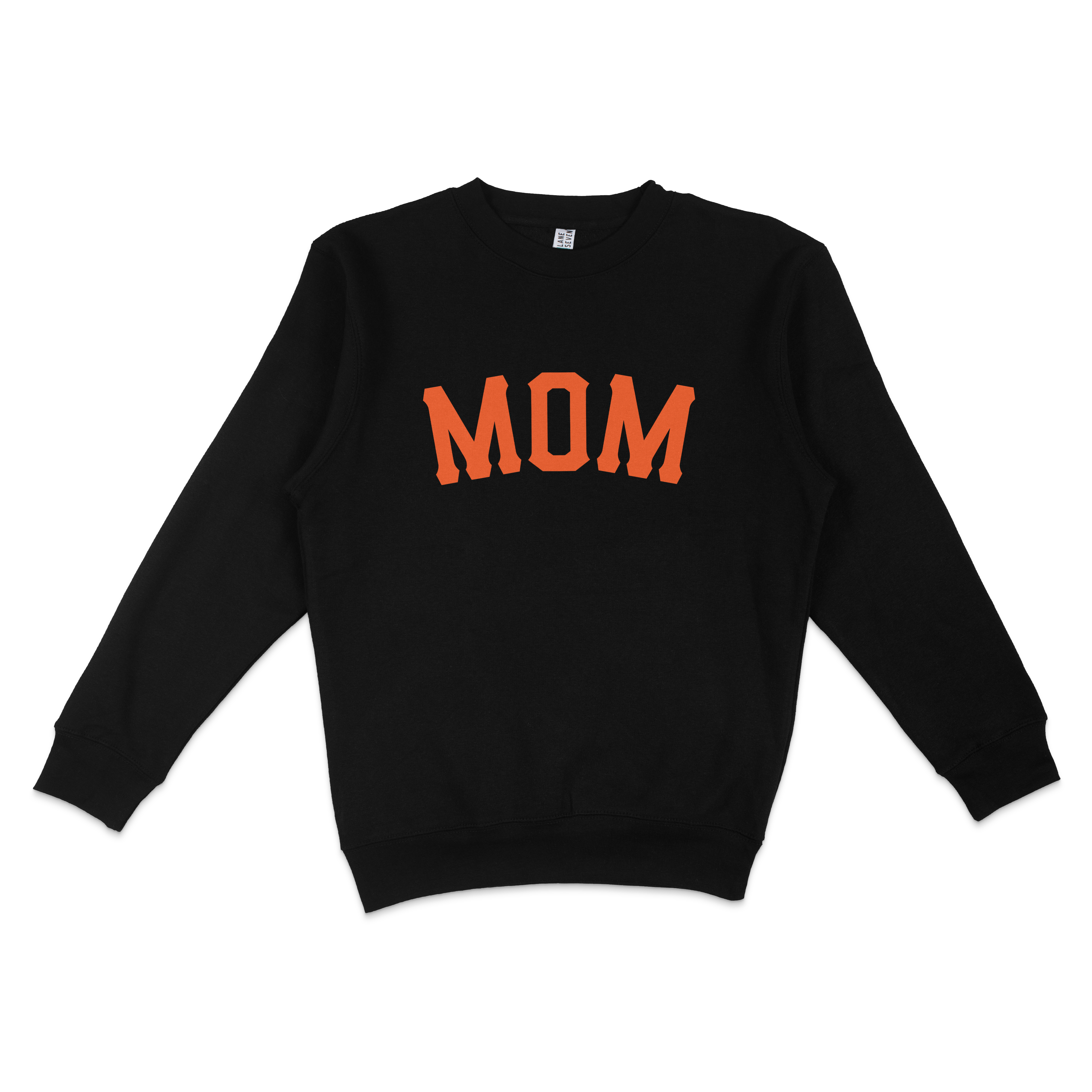 Black crewneck sweatshirt with "MOM" in bold orange letters across the front, celebrating San Francisco baseball moms.