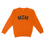 Orange crewneck sweatshirt with "MOM" in bold black letters, celebrating San Francisco baseball moms.